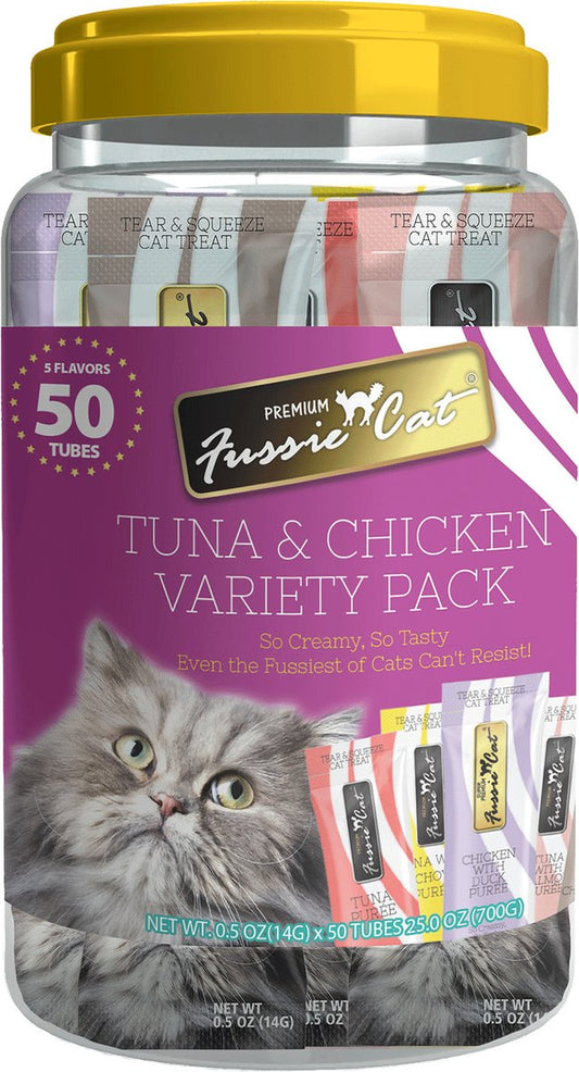 Fussie cat tuna and chicken puree variety pack 50 count