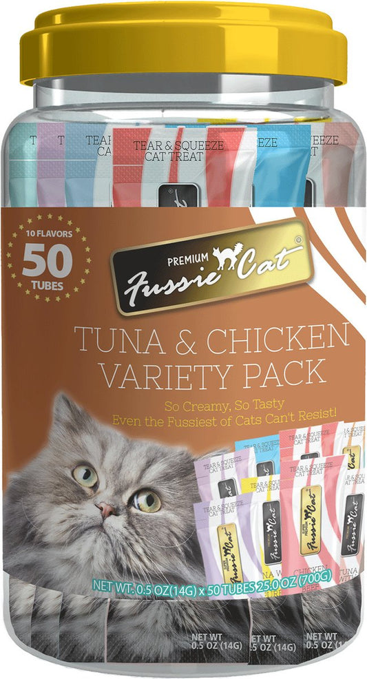 Fussie cat tuna and chicken puree variety pack 50 count